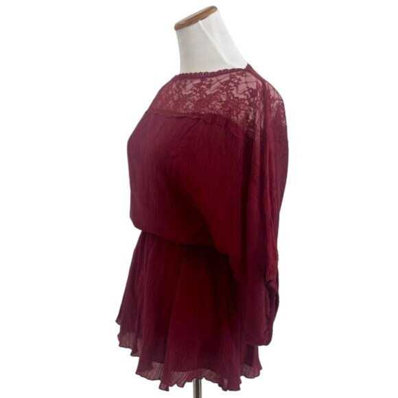 RARE Vintage Free People Burgundy Red Lace Trim Cinched Waist Boho Crepe Top - Picture 9 of 16